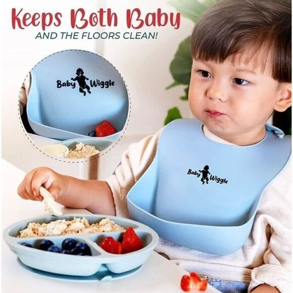 NWT Baby Wiggle Set Of 3 Unisex Silicone Bibs With Food Pouch/Catcher - Picture 8 of 9